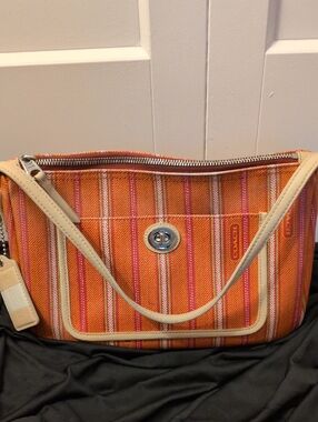 Coach Orange and Pink Stripe Canvas Shoulder Bag with Cream Trim